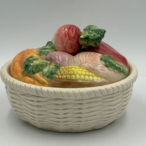 Fitz & Floyd Ceramic Vegetable Basket Covered Dish Trinket Candy Bowl Kitchen